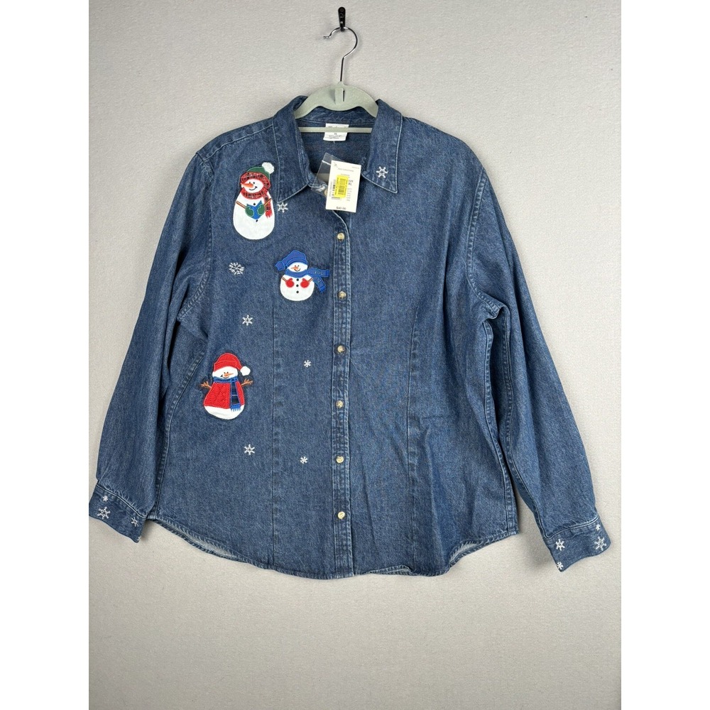 Westbound Women's Shirt XL Blue Denim Top Tunic Snowman Winter Christmas 3217